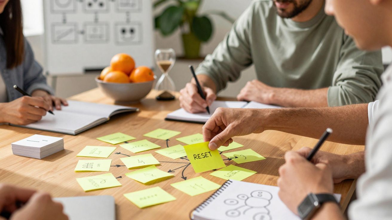 Grupo de pessoas discutindo ideias em post-its amarelos em mesa de reunião clara e organizada.