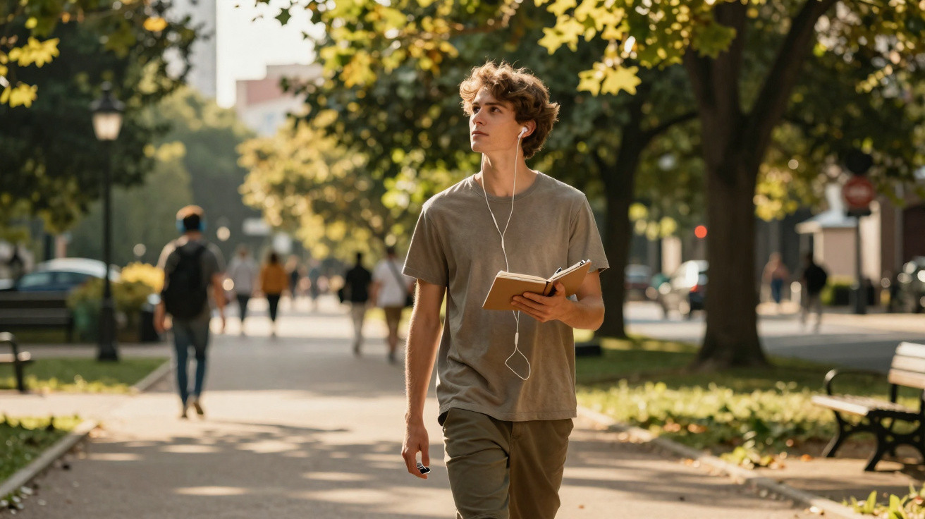 Jovem caminhando em parque, ouvindo música com fones de ouvido e segurando caderno aberto.