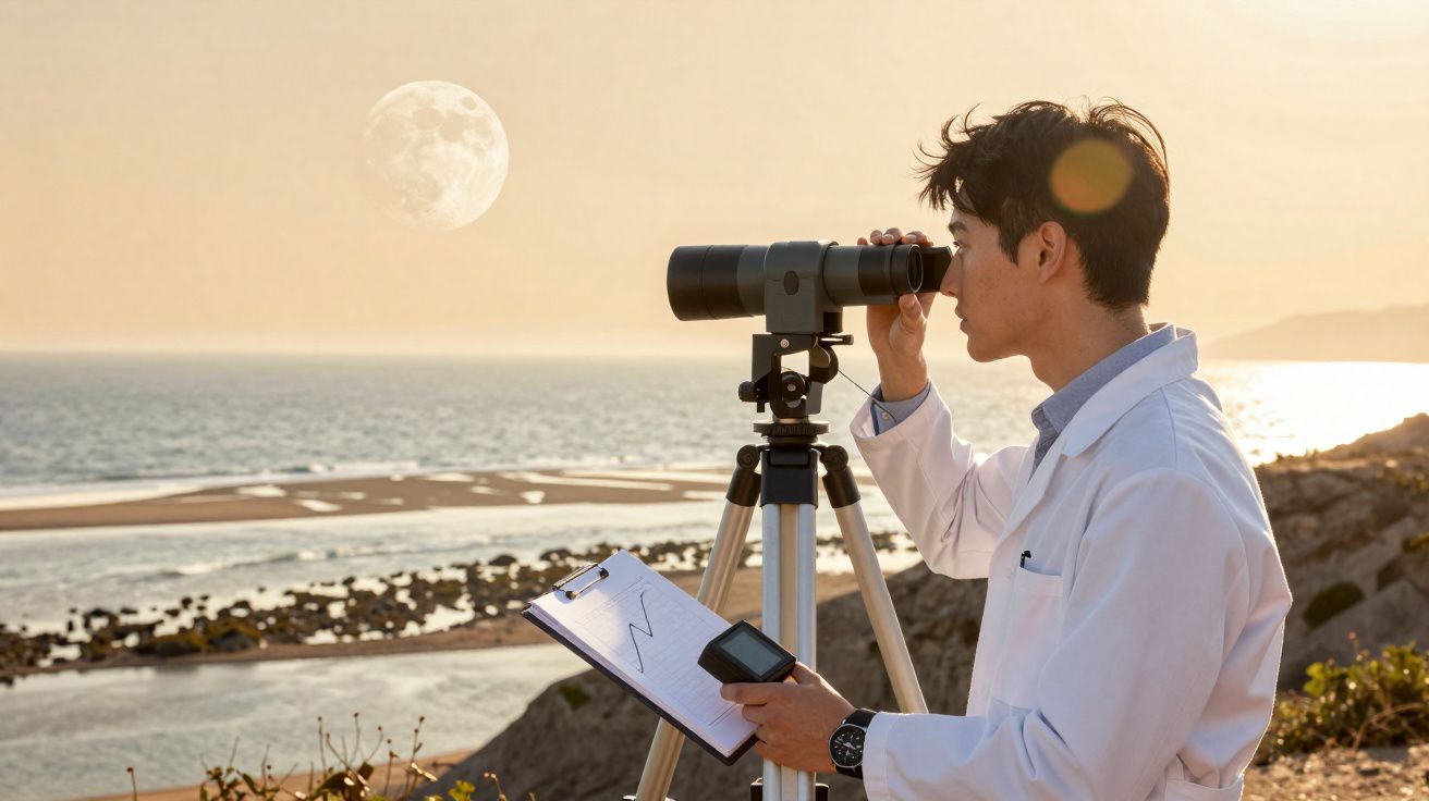 Homem de jaleco observa a lua com telescópio na praia ao pôr do sol, segurando prancheta e dispositivo.