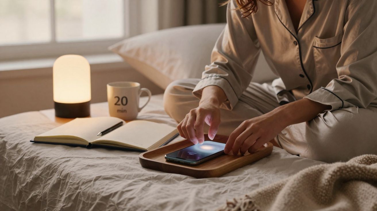 Pessoa sentada na cama em pijama, usando celular em uma bandeja, com caderno, caneca e luminária ao lado.