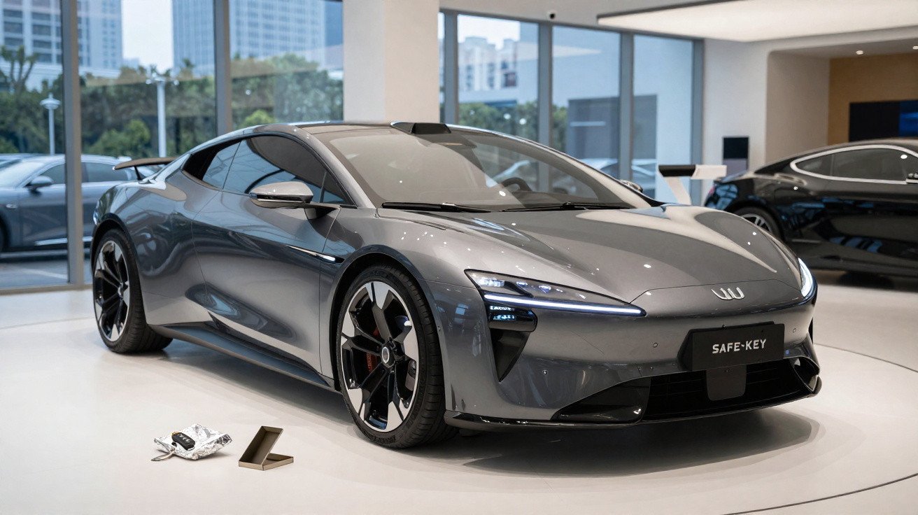 Carro esportivo elétrico cinza exibido em showroom moderno com iluminação natural e objetos ao lado.