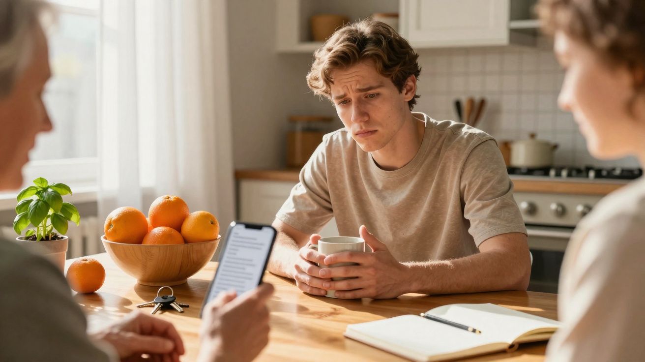 Jovem preocupado segurando xícara enquanto conversa com duas pessoas em cozinha iluminada.
