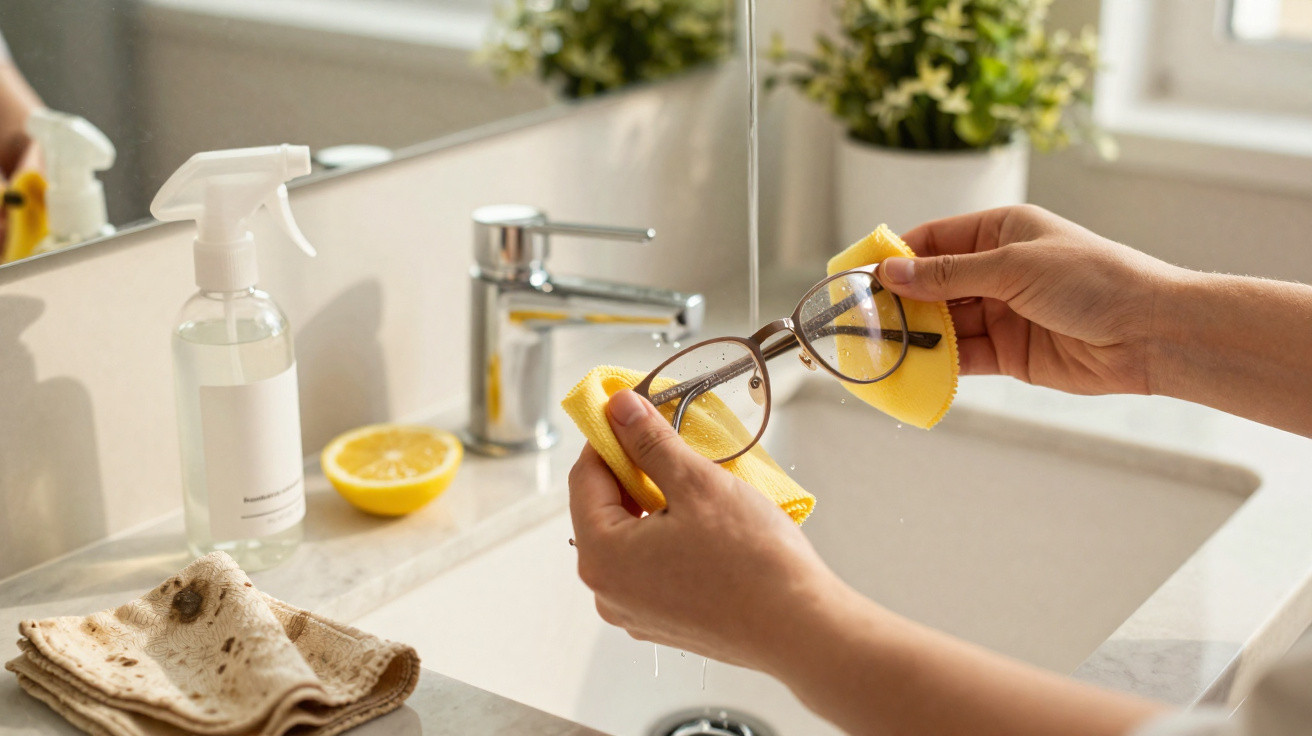 Pessoa limpando óculos com pano amarelo em pia, com spray e metade de limão ao fundo.