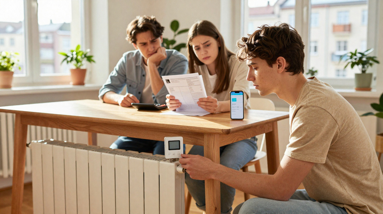 Jovens analisando conta e ajustando termostato de aquecedor em sala iluminada com plantas.