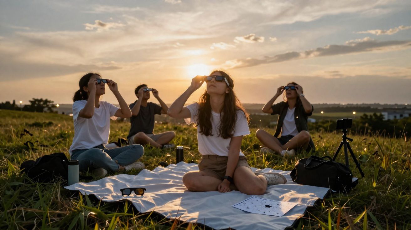 Quatro pessoas sentadas em um campo observando o céu ao pôr do sol com óculos especiais.