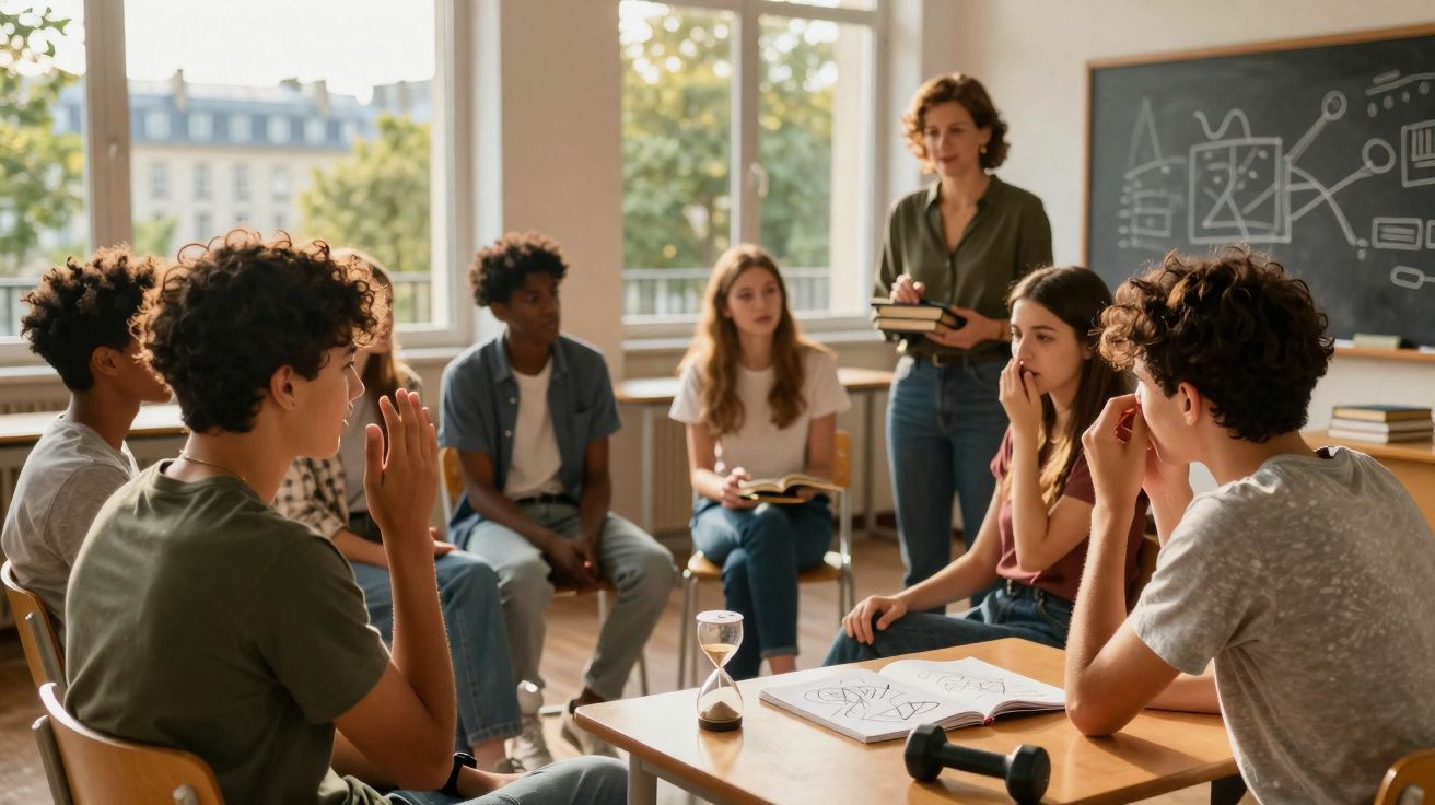 Grupo de jovens em círculo em sala de aula com professora e livros em atividade educativa.
