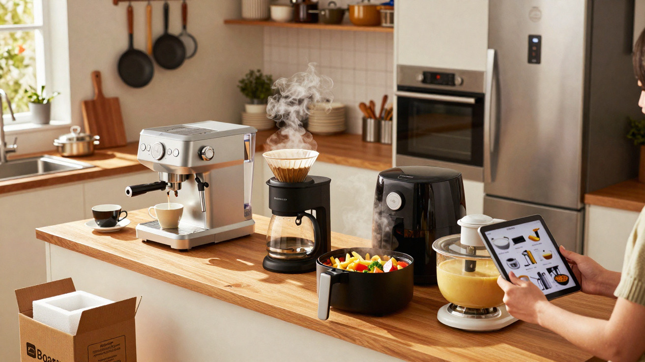 Cozinha moderna com equipamentos para café, air fryer, tablet e vegetais frescos em bancada de madeira.