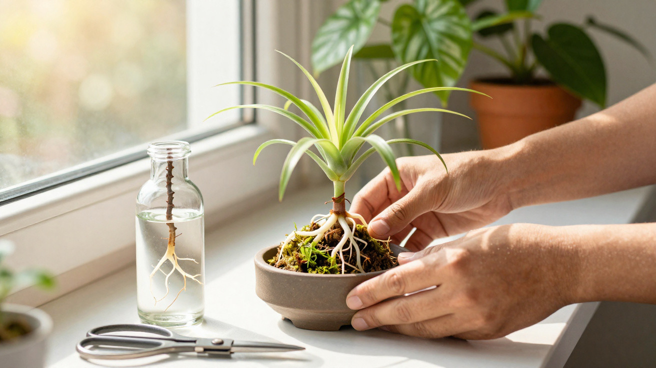 Mãos colocando planta suculenta em vaso na janela com tesoura e recipiente com raiz ao lado.