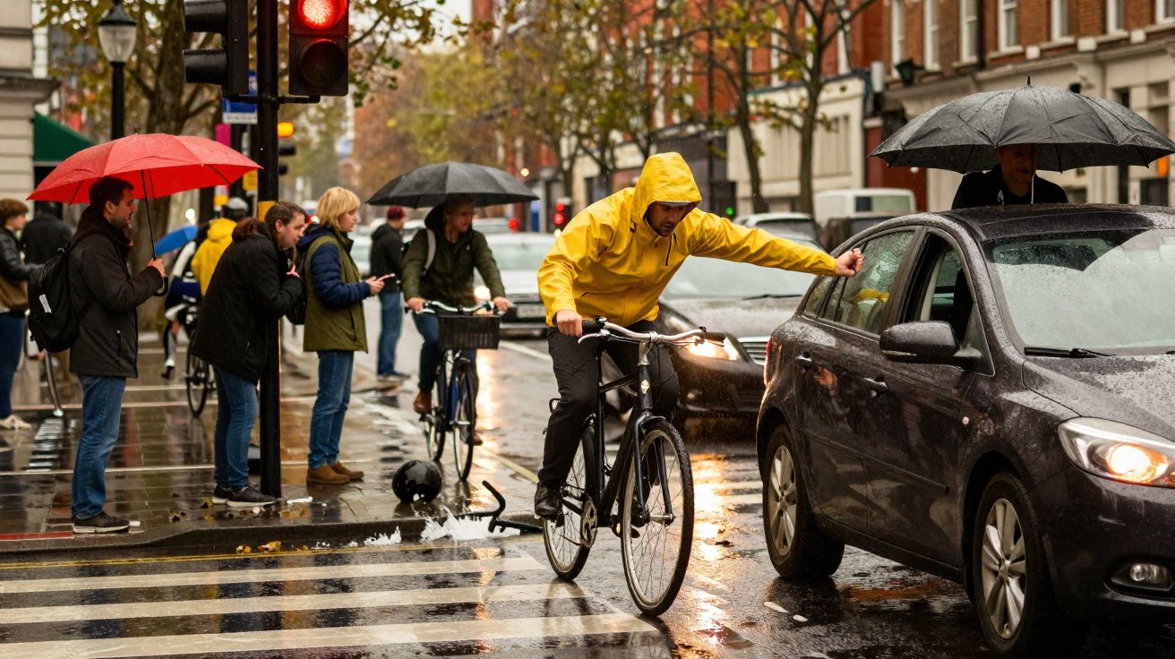 Pessoa de capa amarela na chuva entregando refeição para motorista em bicicleta, com pedestres e ciclistas ao redor.