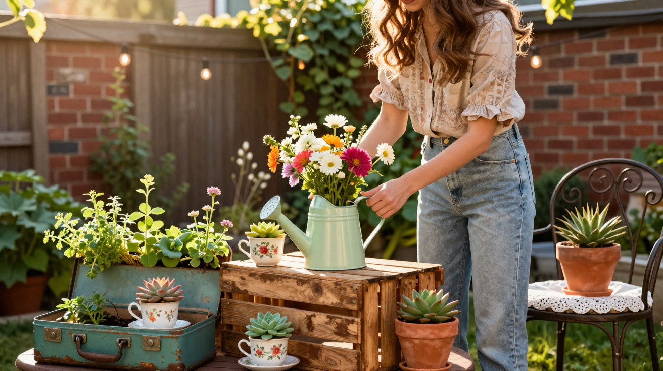 Mulher arrumando flores em regador em jardim com vasos e plantas em mesa de madeira.