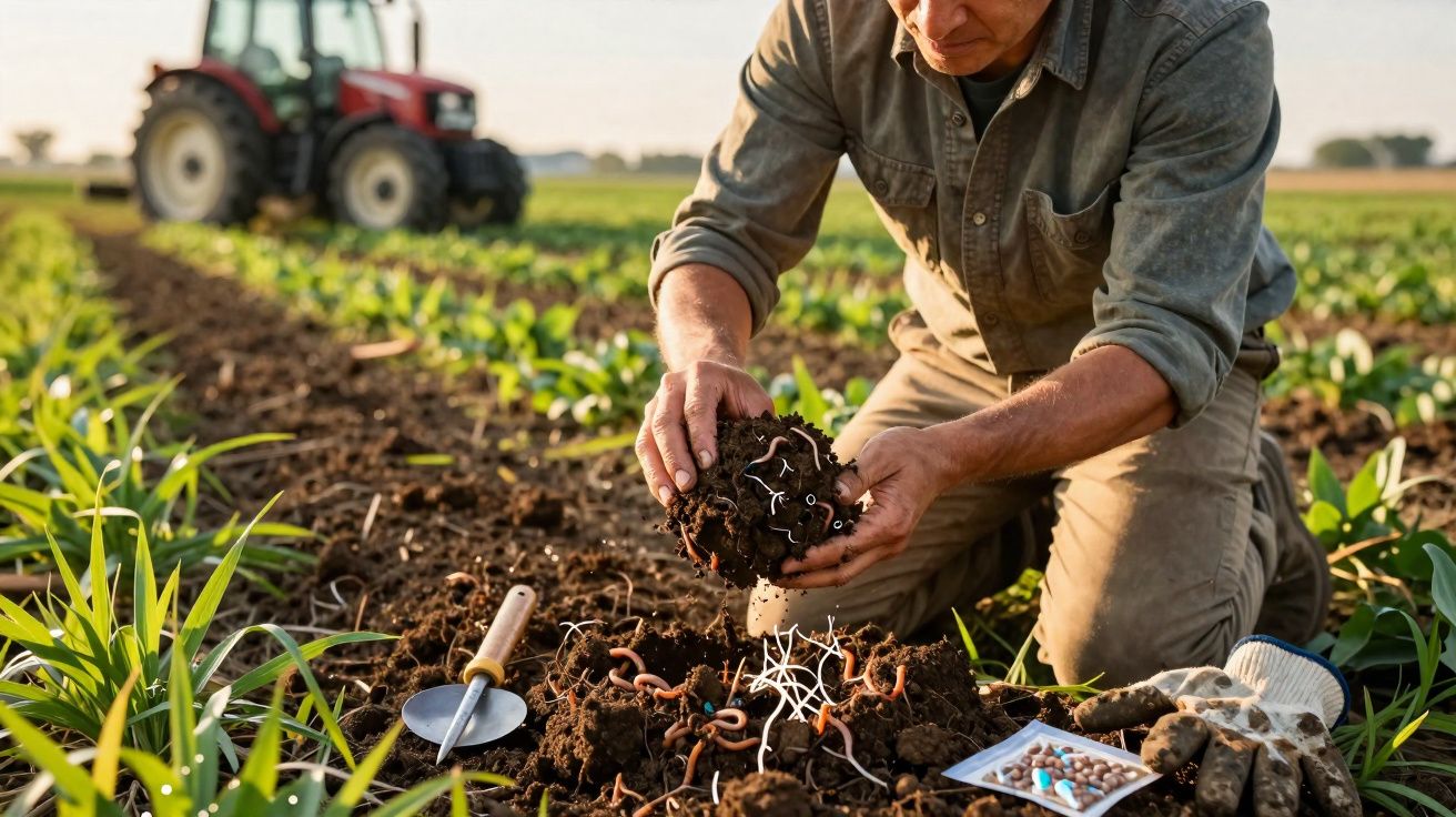 Agricultor examinando terra com minhocas em plantação, com trator e ferramentas ao fundo.