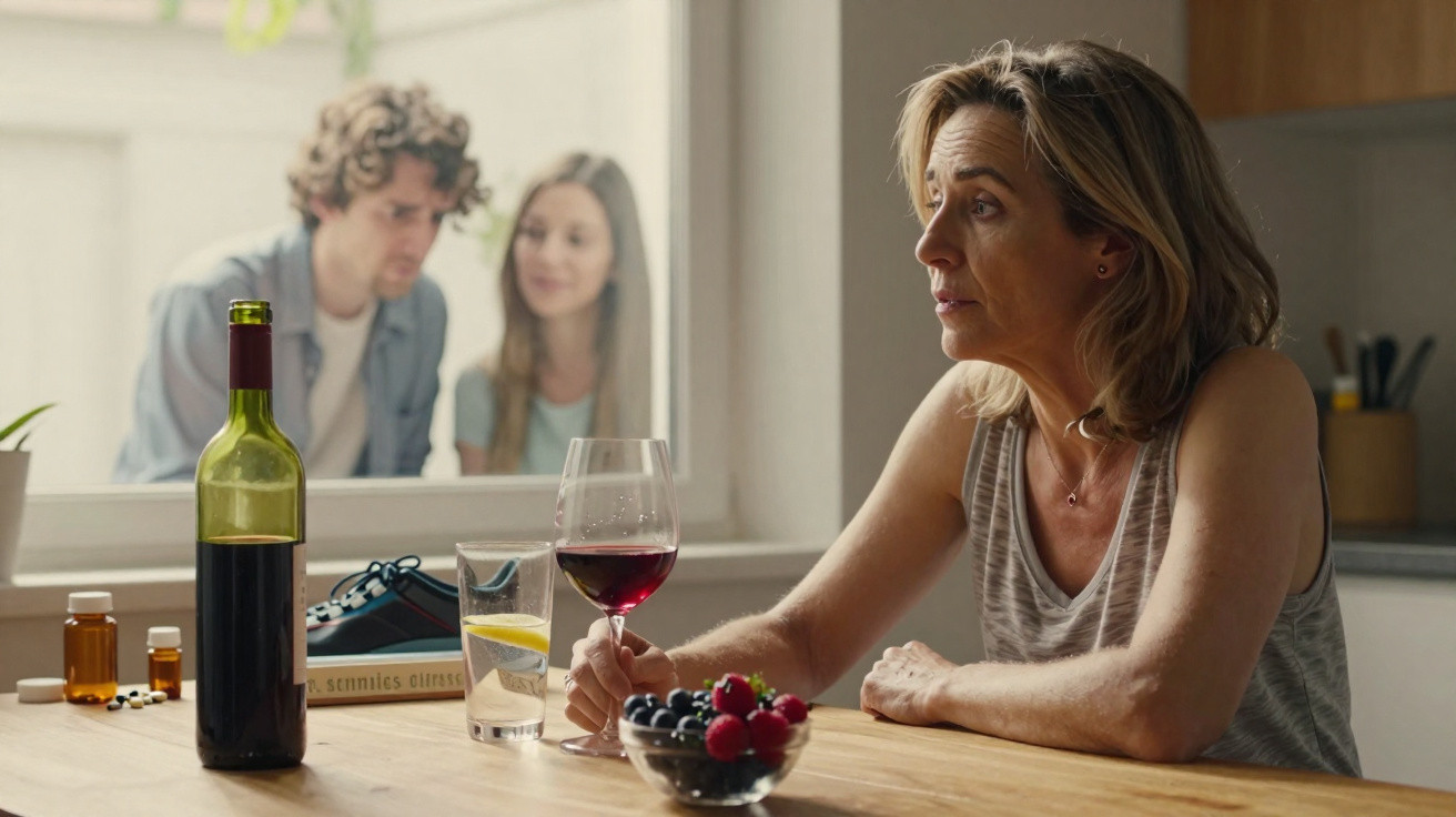 Mulher sentada à mesa com taça de vinho, olhando para casal ao fundo pela janela.