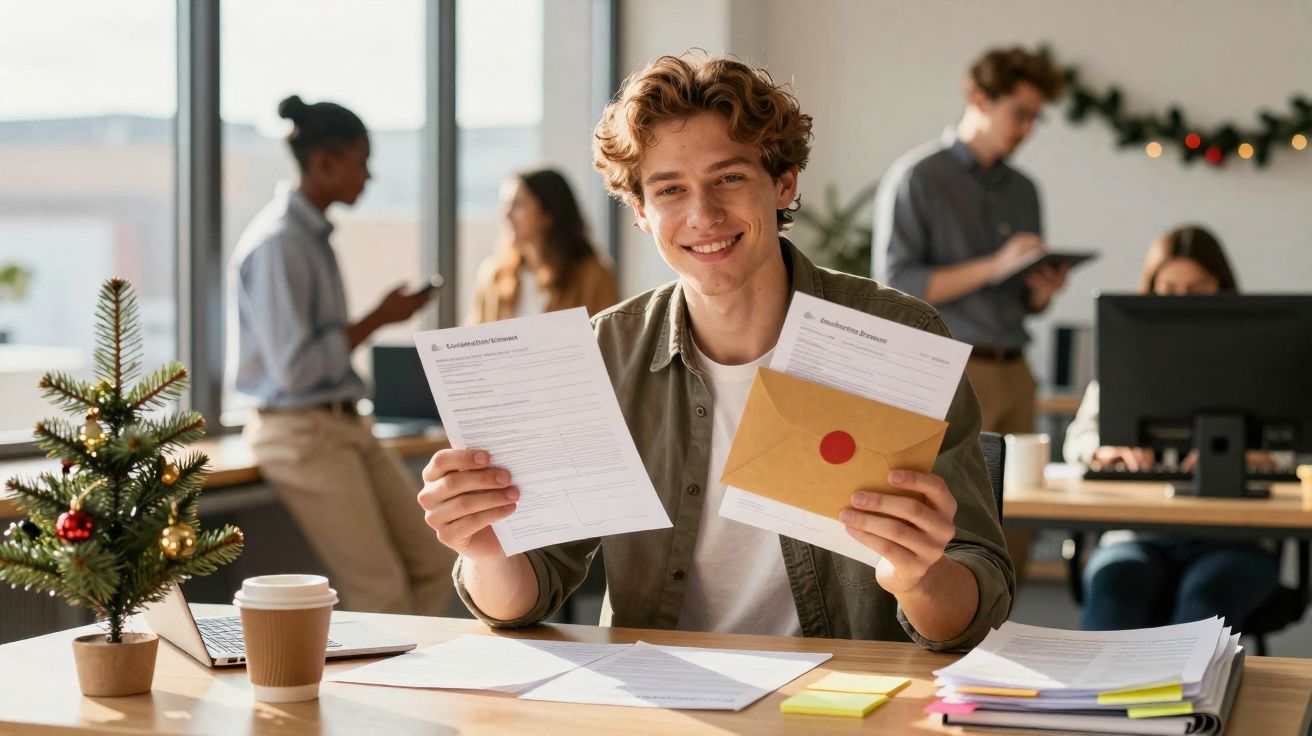 Jovem sorridente segurando documentos e envelope em escritório decorado para o Natal.