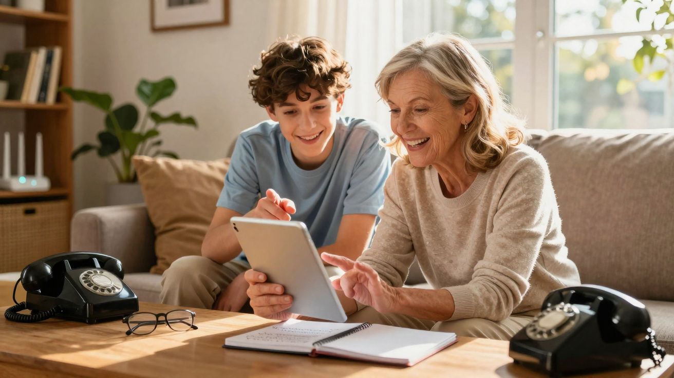 Mulher idosa e menino sorrindo enquanto usam tablet sentados em sofá com telefone antigo na mesa.