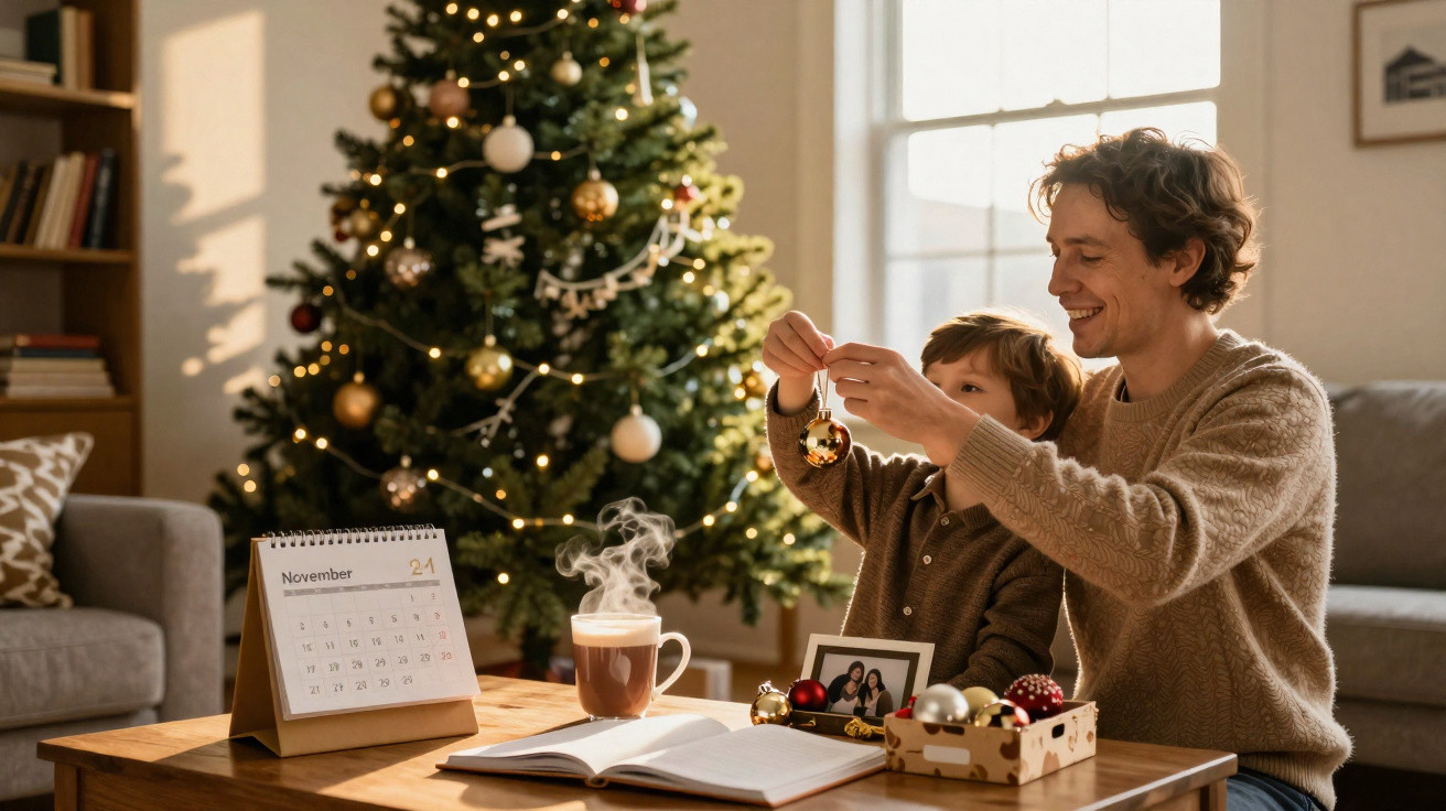 Pai e filho decorando árvore de Natal com bolas douradas em sala iluminada por janela grande.