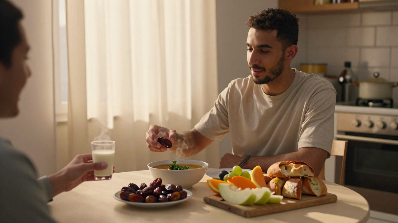 Homem servindo tâmaras em tigela, com frutas e pães na mesa durante refeição em cozinha iluminada.
