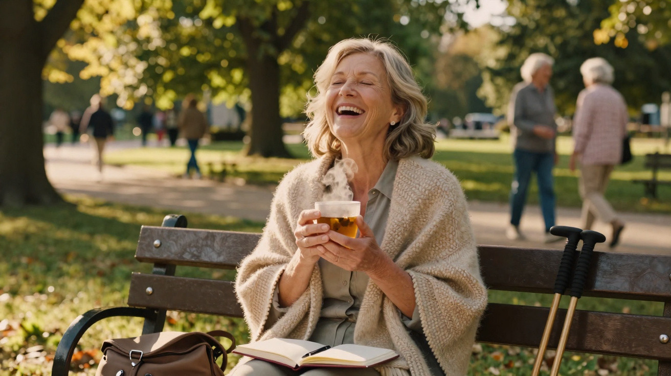 Mulher idosa sorrindo sentada em banco de parque, segurando caneca quente com vapor e livro aberto no colo.