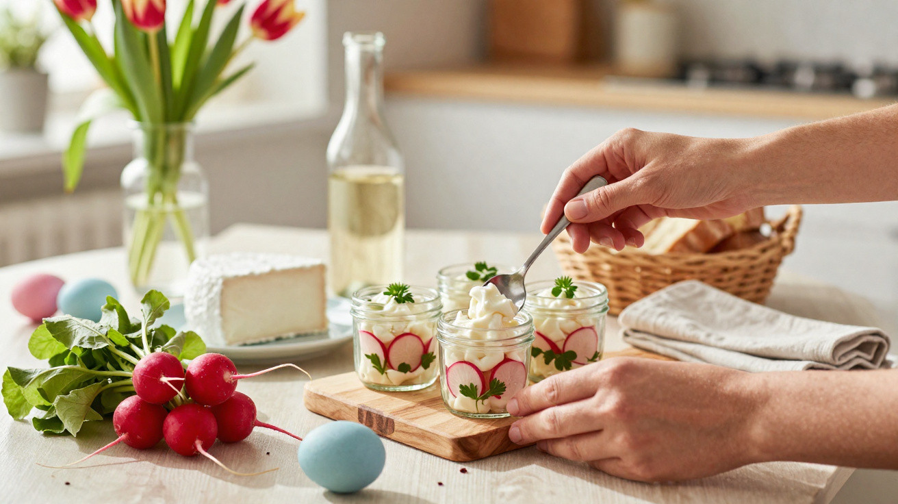 Mãos decorando potes com creme e rabanetes em mesa com queijo, rabanetes, ovos coloridos e flores.