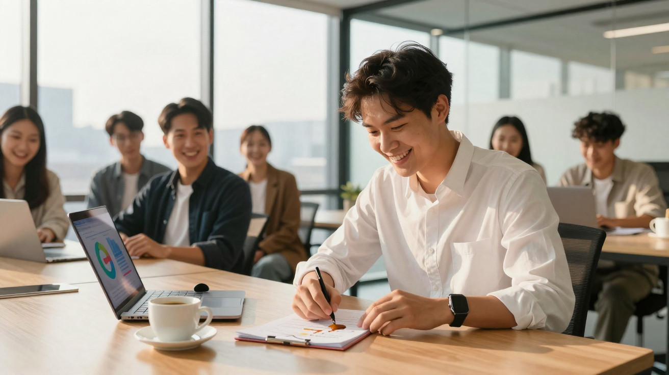 Jovem sorrindo enquanto desenha gráfico em prancheta, com colegas e laptops em sala de reunião moderna.