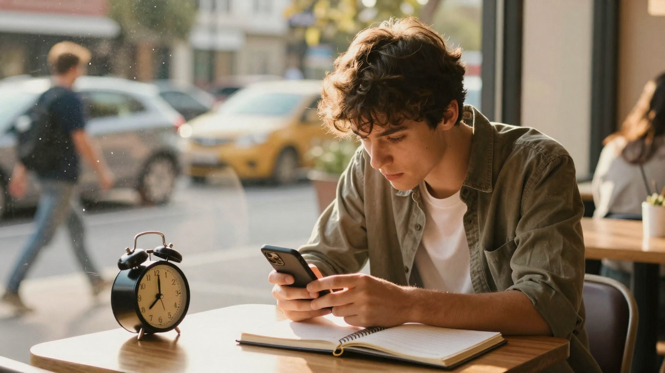 Jovem sentado à mesa, olhando o celular com livro aberto e despertador ao lado em cafeteria.