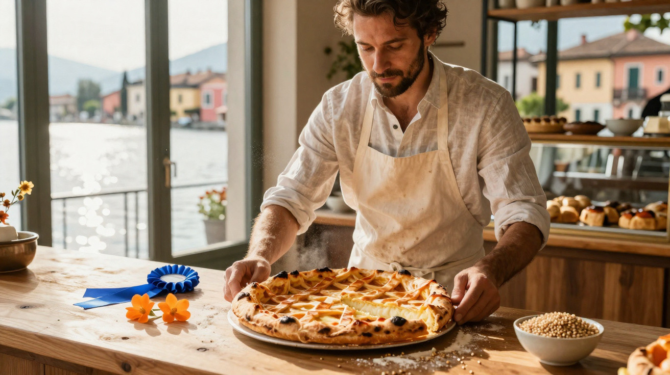 Homem com avental coloca pizza fresca em mesa de madeira em cozinha iluminada com vista para lago.
