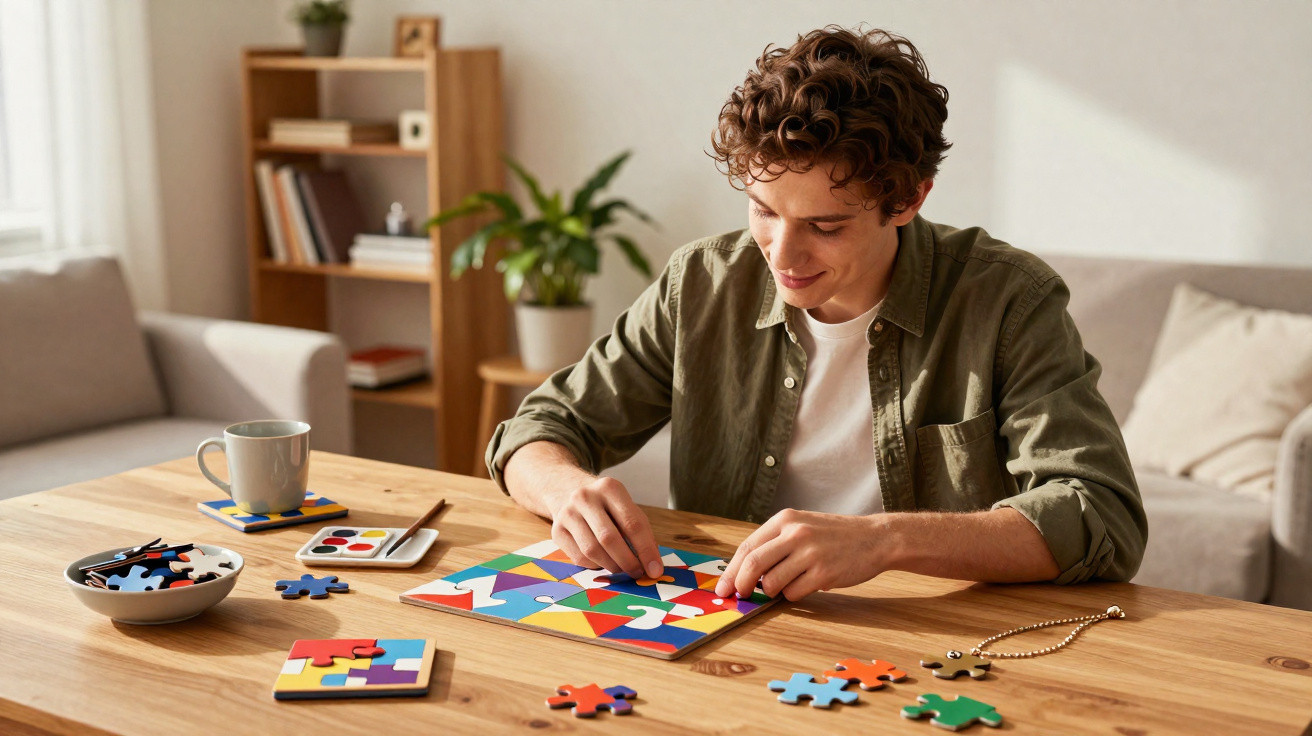 Jovem sorridente montando quebra-cabeça colorido em mesa de madeira em sala iluminada.