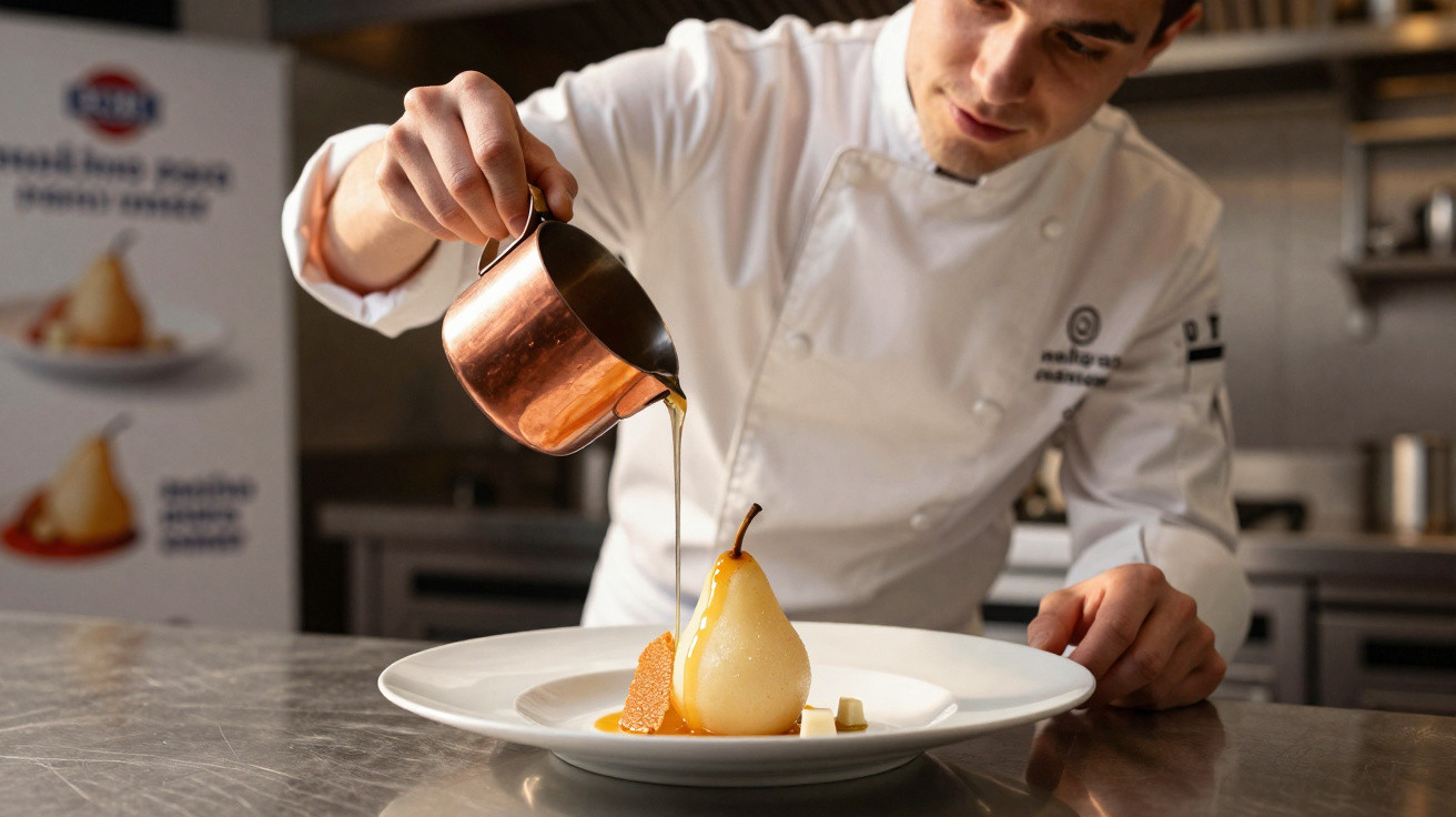 Chef vestido de branco derramando calda sobre pera servida em prato branco em cozinha profissional.