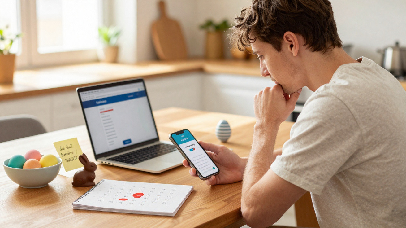 Jovem em uma cozinha usando smartphone e notebook para acessar um aplicativo de banco online.