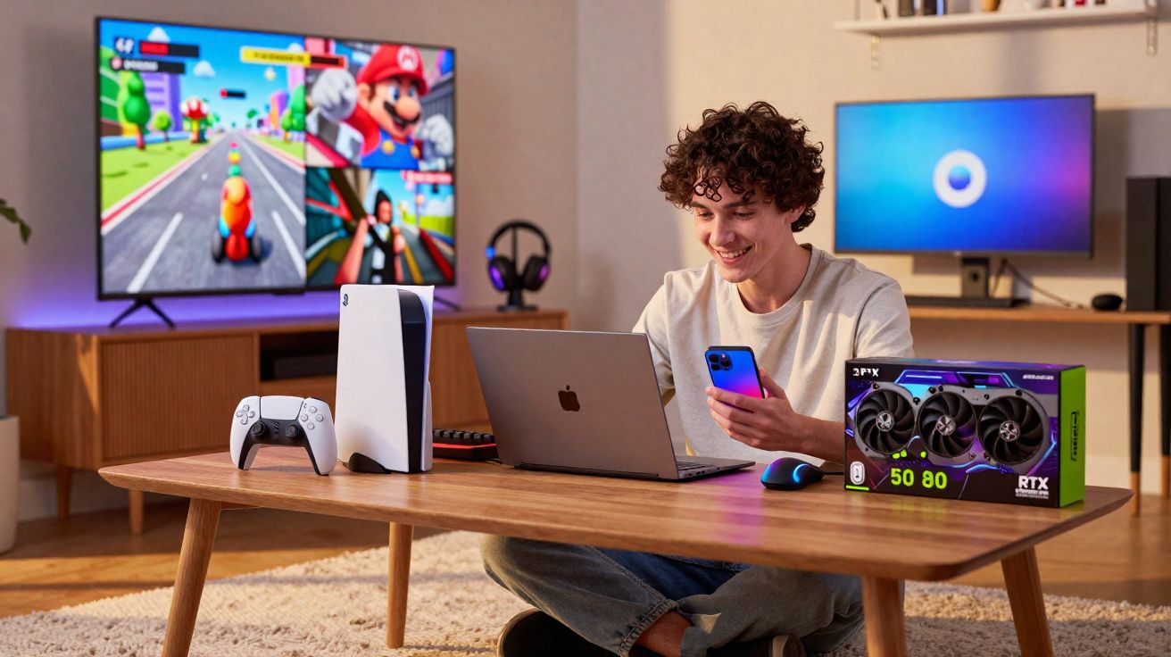 Jovem sentado no chão de sala, usando laptop e celular, com videogame, controle e caixa de placa de vídeo na mesa.