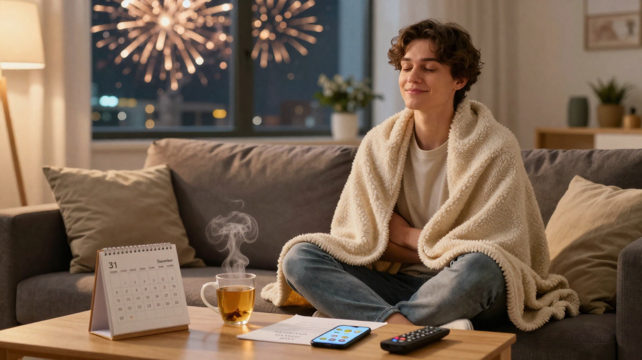 Pessoa sentada no sofá com cobertor, olhando fogos de artifício pela janela à noite, com chá na mesa.