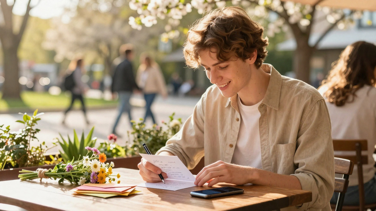 Jovem sorridente escreve carta à mão em mesa ao ar livre com flores e celular ao lado.