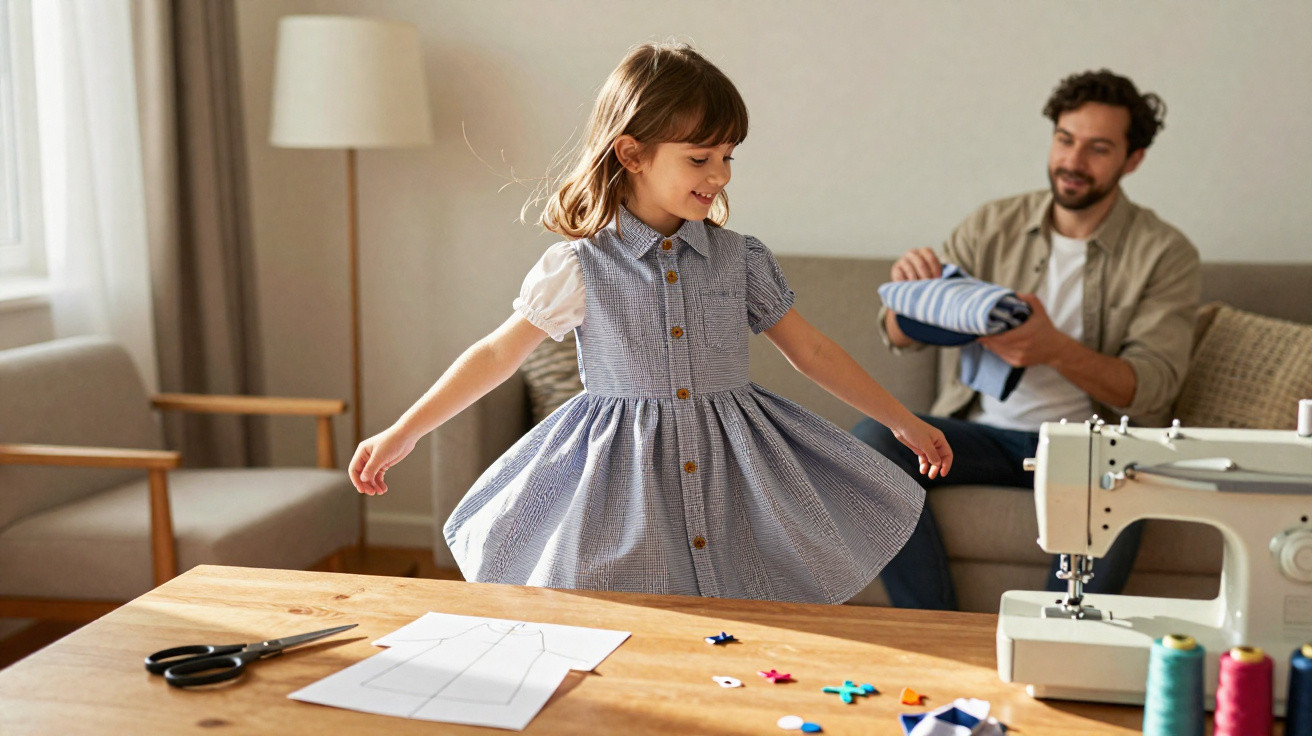 Menina rodopiando com vestido azul feito à mão enquanto homem dobra roupa em sala de costura.