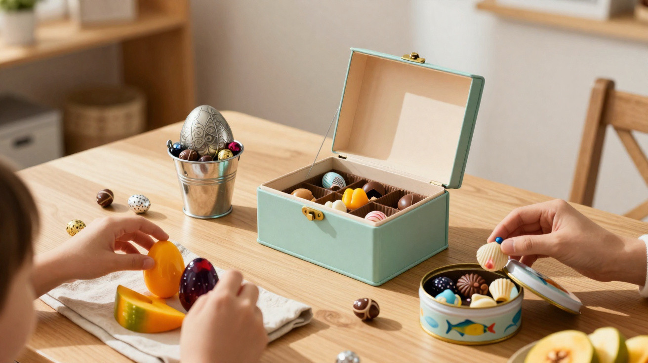 Crianças brincando com ovos de chocolate e caixa de bombons sobre mesa de madeira clara.