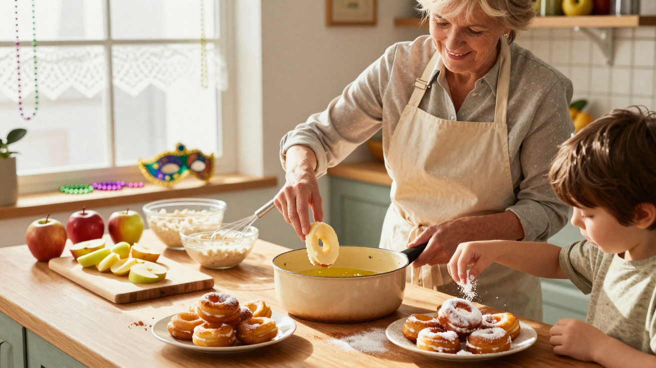 Mulher idosa e criança preparando e polvilhando açúcar em rosquinhas na cozinha ensolarada.