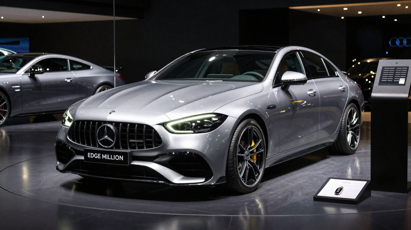 Carro esporte Mercedes-Benz cinza em exposição, com faróis acesos e detalhes em preto e amarelo.