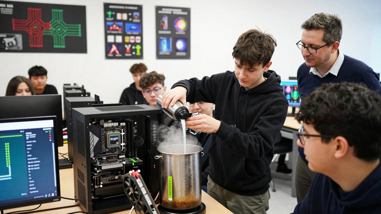 Estudante despejando líquido em recipiente com vapor, professor e alunos observando em laboratório de informática.
