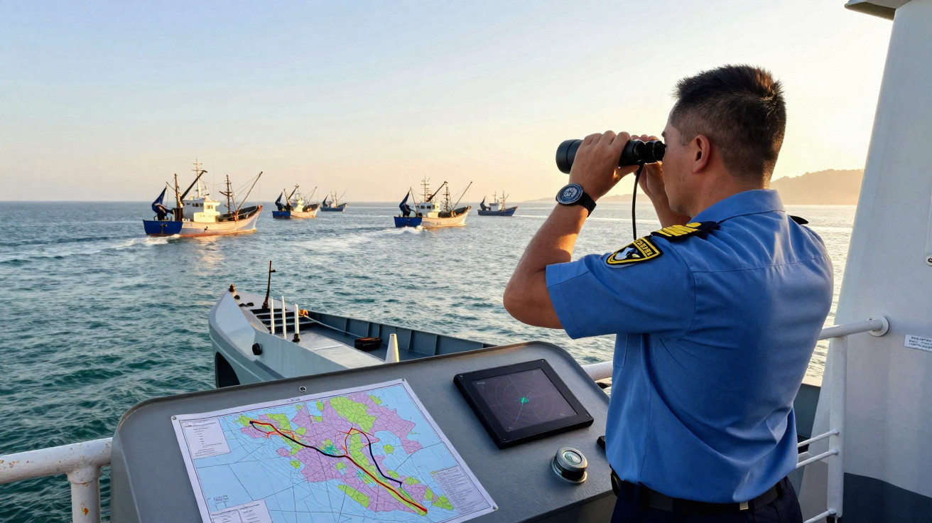 Homem em uniforme azul observa barcos de pesca no mar com binóculos a partir de um navio.