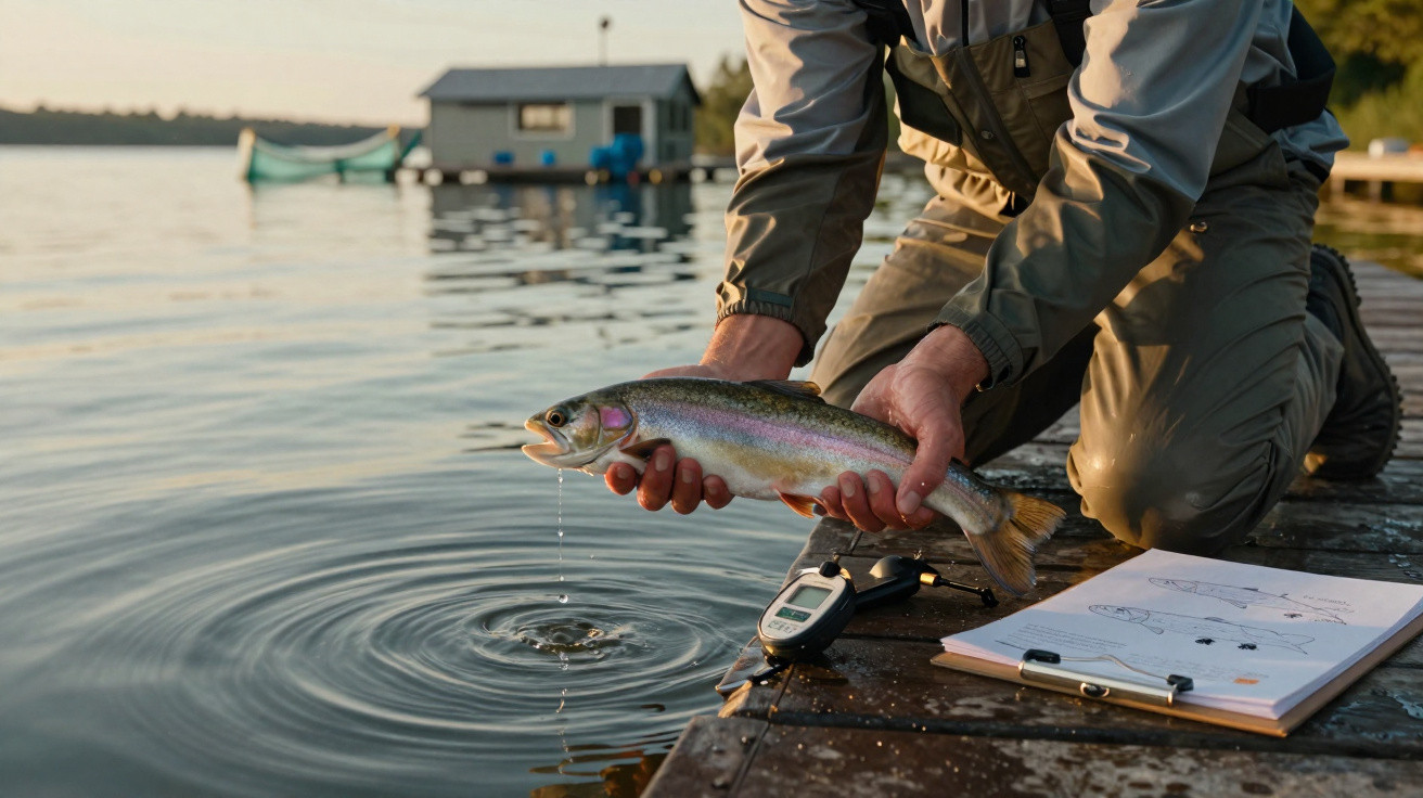 Pessoa ajoelhada em um deck segurando um peixe recém-pescado com livro de peixes e balança ao lado.
