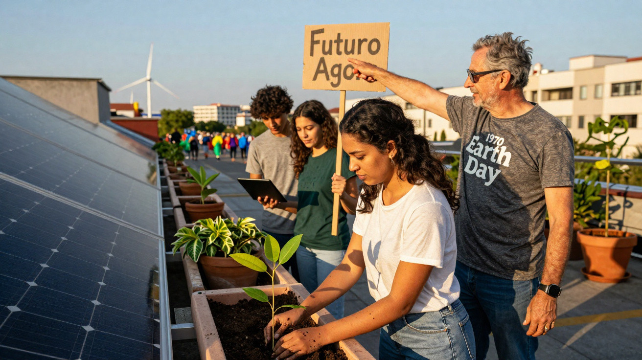 Grupo diverso planta mudas em vasos próximo a painéis solares, com homem segurando placa "Futuro Agora" em protesto ambiental