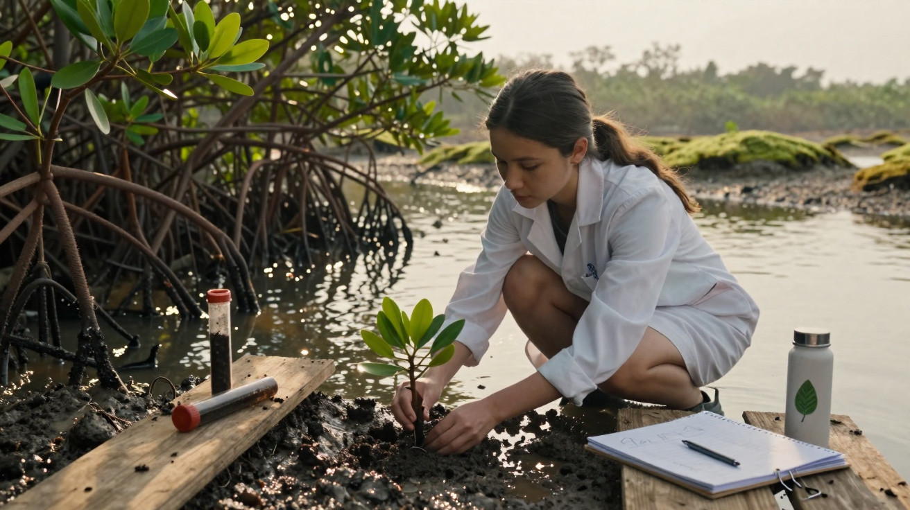 Mulher em jaleco branco plantando muda de mangue em área alagada para recuperação ambiental.