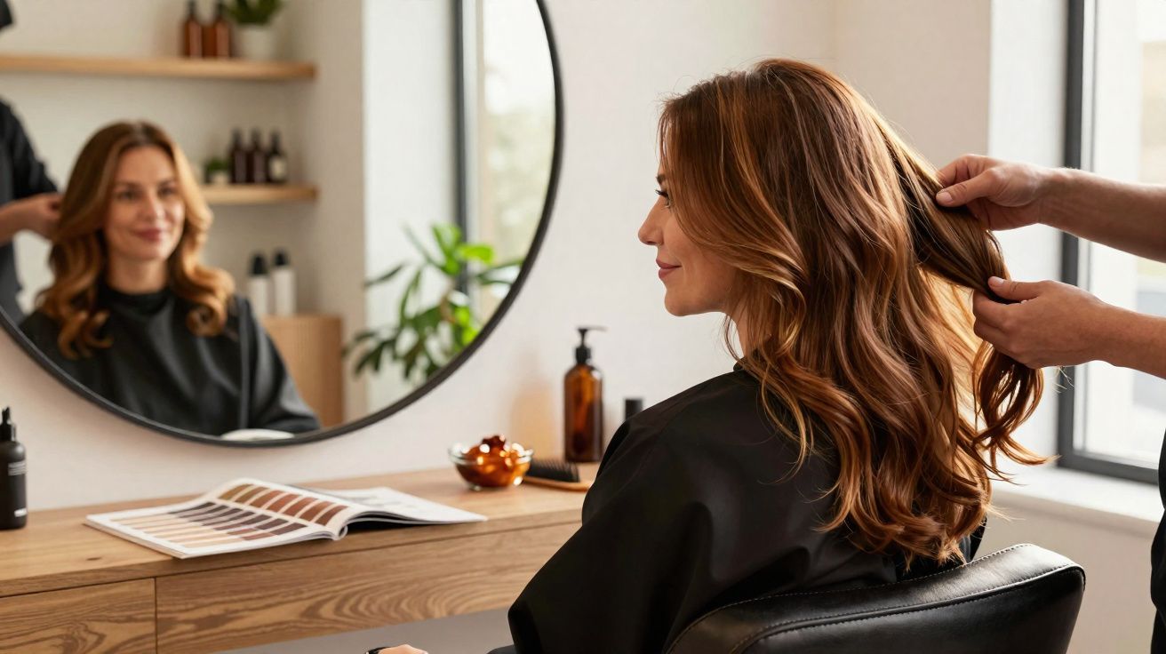 Mulher sorrindo sentada em salão de beleza enquanto cabeleireiro arruma seu cabelo longo e ondulado.