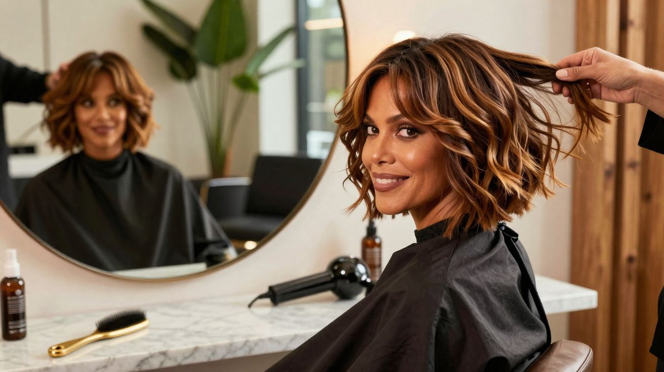 Mulher sorrindo com cabelo curto e ondulado sendo estilizado em salão de beleza moderno.