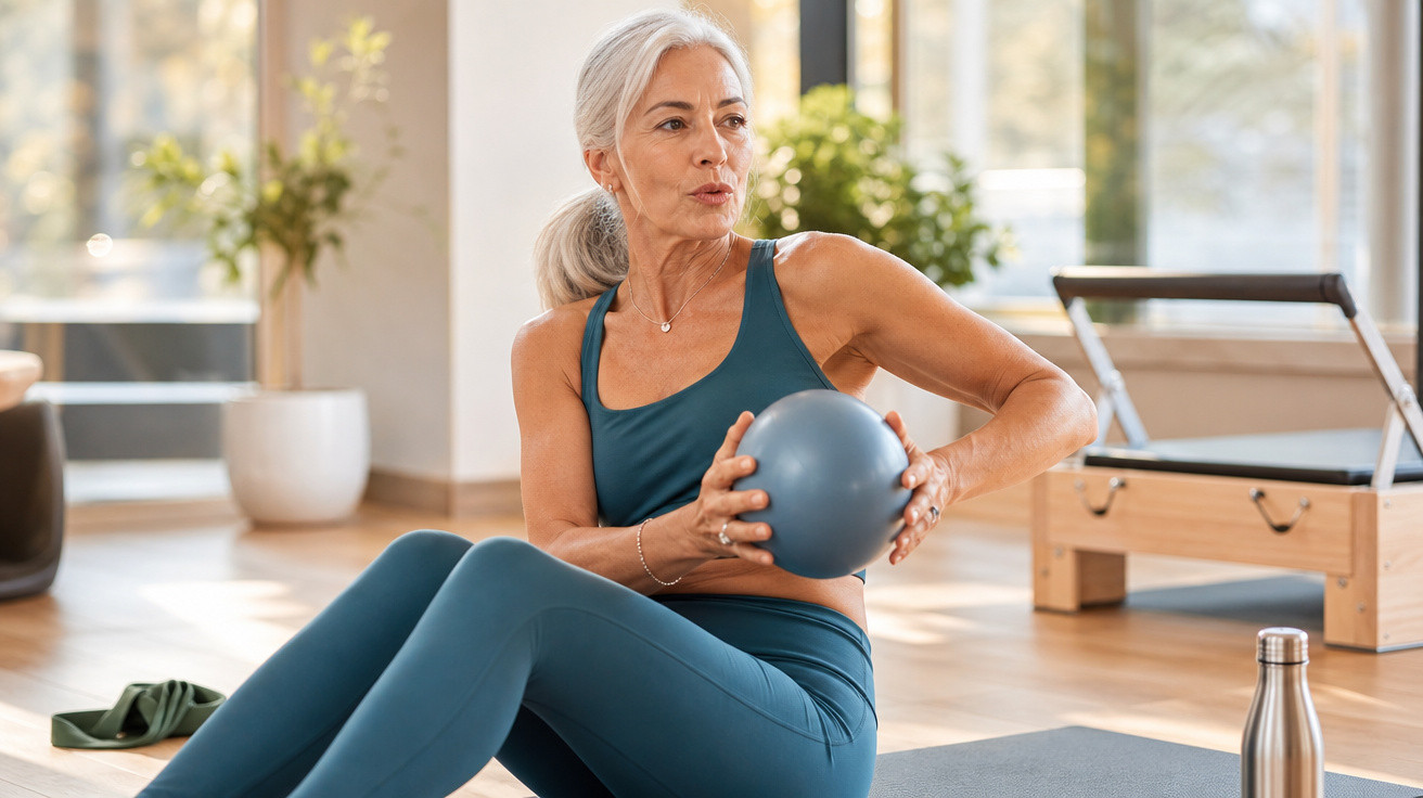 Mulher madura fazendo exercício com bola médica em ambiente claro e arejado de academia.
