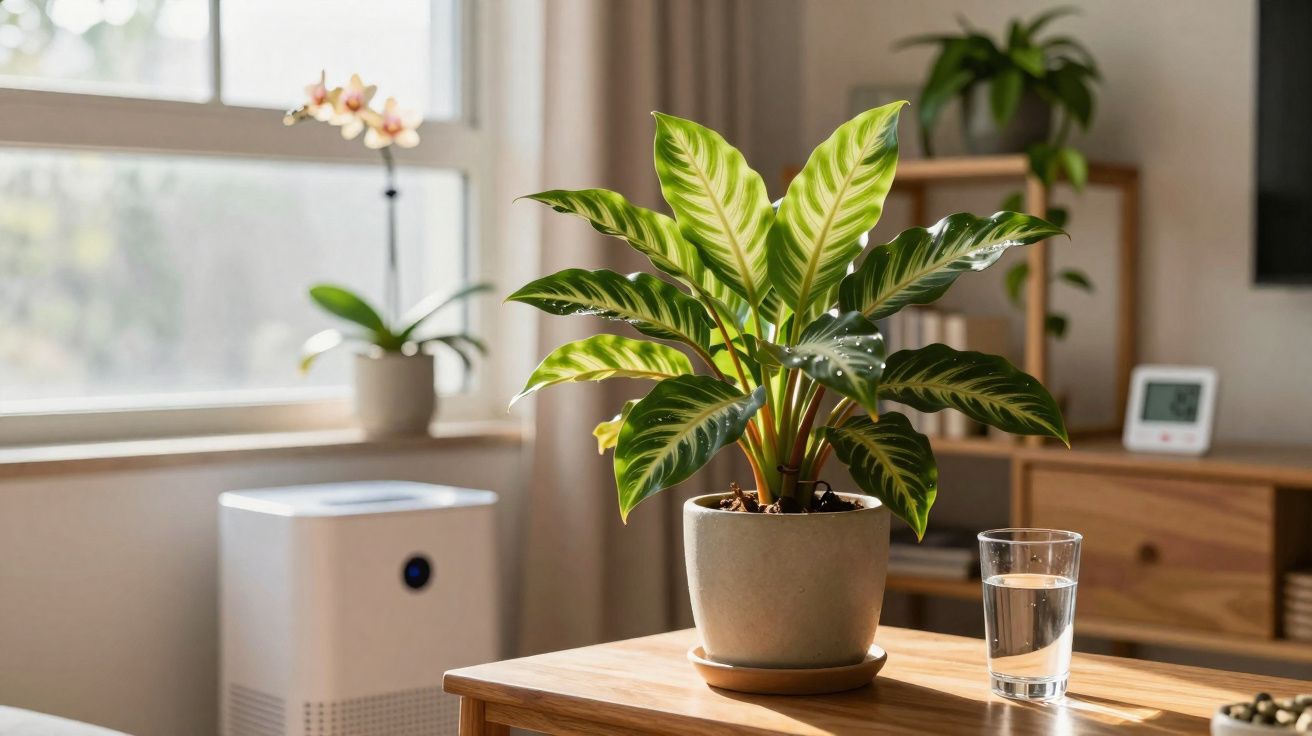 Planta em vaso cinza sobre mesa de madeira com copo d'água em ambiente iluminado por luz natural.