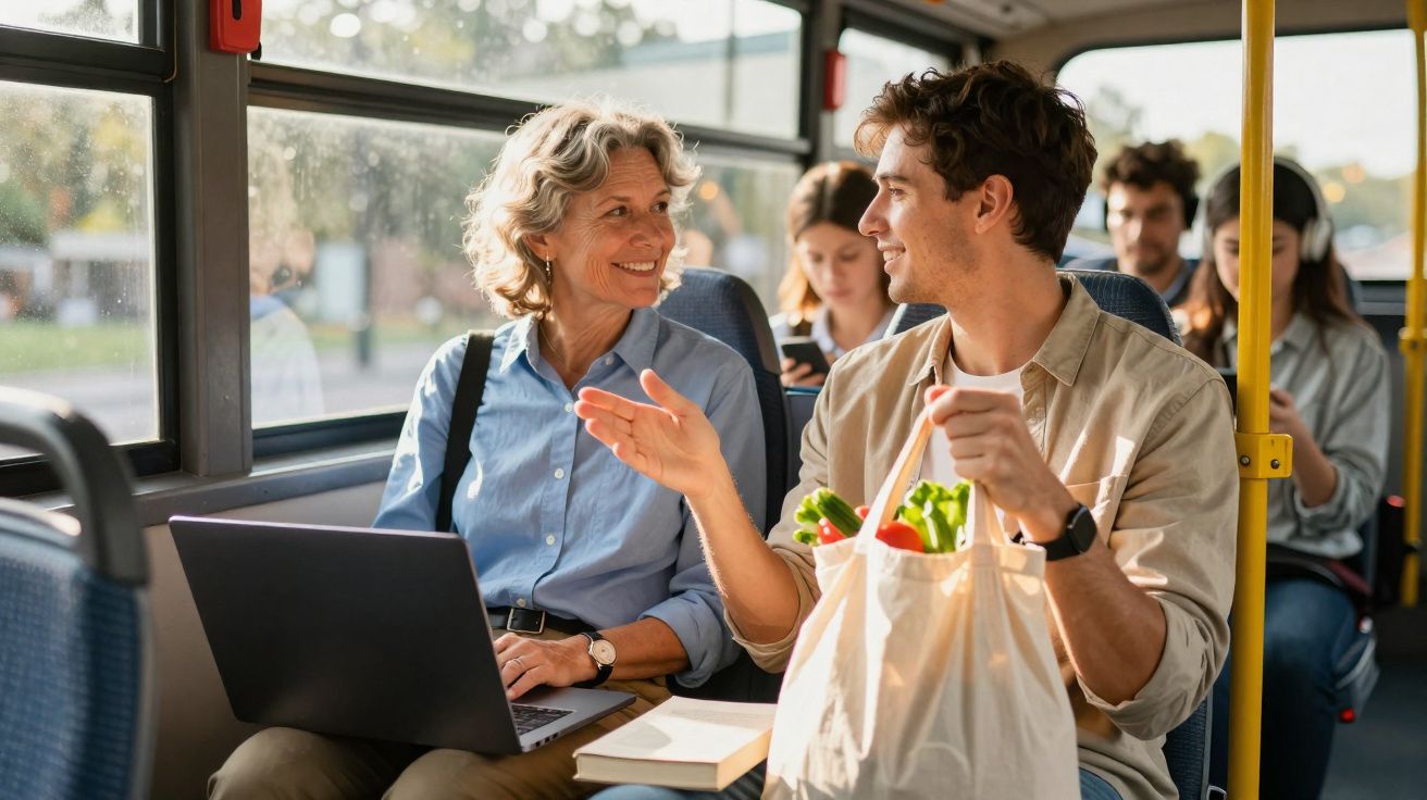 Mulher e jovem conversando em ônibus, ela com laptop e ele com sacola de compras.