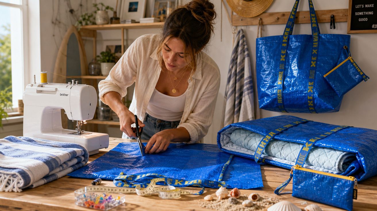 Mulher cortando tecido azul para artesanato em mesa com máquina de costura e acessórios ao redor.