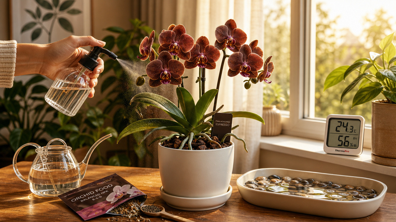 Mão pulverizando orquídea em vaso branco sobre mesa com regador, alimento para plantas e higrômetro ao fundo.