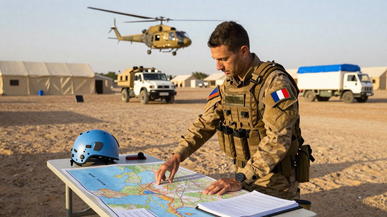 Soldado francês em uniforme tático analisa mapa em mesa no acampamento com veículos e helicóptero ao fundo.