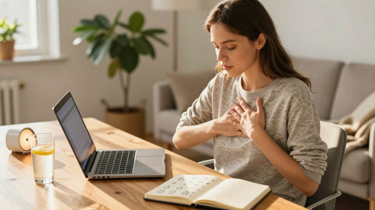 Mulher sentada à mesa com laptop e caderno, segurando o peito com expressão de desconforto.