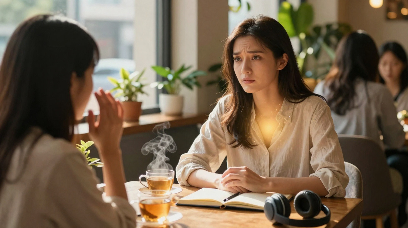 Duas mulheres conversando em café, uma com expressão séria e livro aberto à frente.